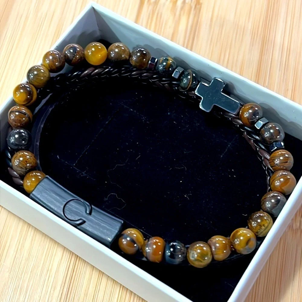 Brand New Men's Beaded Braided Leather Metal Cross Bracelet Magnetic Clasp